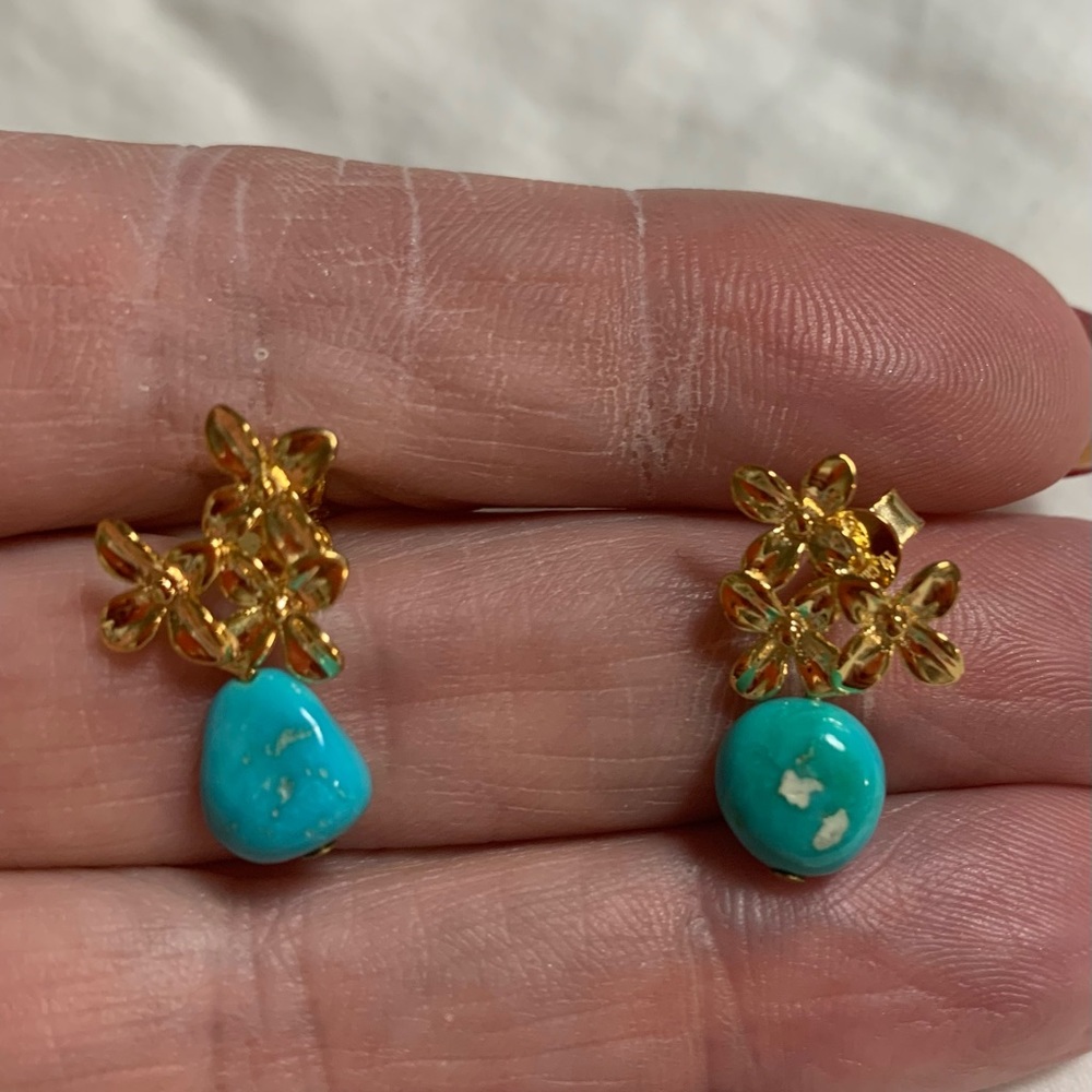 NWT JTV Sleeping beauty Turquoise Nugget 
18K Gold Over Silver Floral Earrings